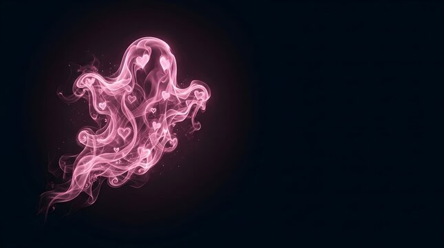 Glowing pink smoke ghost formation floating gracefully inside dark spooky Halloween background scene