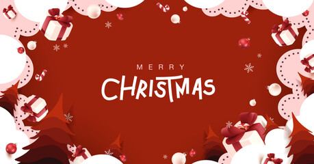 Naklejka premium Merry Christmas and Happy New Year greeting card banner in red paper art style with snowy winter landscape, and copy space for holiday celebration background