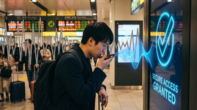 Young Asian male traveler using voice recognition on his smartphone to gain secure access at a futuristic checkpoint in a busy train station