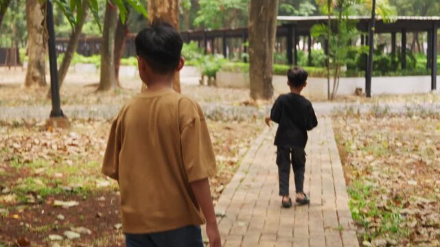 Two brothers walking along a park path surrounded by fallen leaves