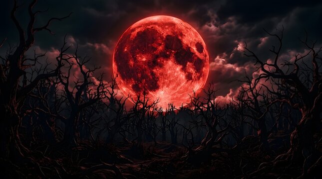Giant red moon shining brightly over spooky dead trees in dark eerie night forest
