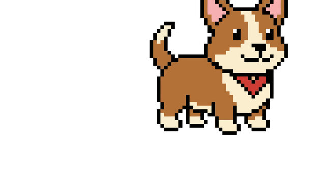 A cute pixel art illustration of a small brown puppy dog
