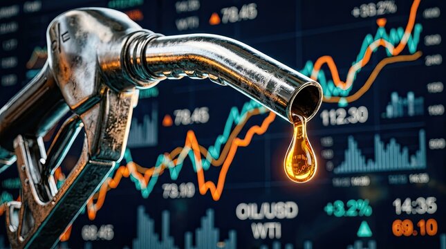 Fuel nozzle dripping oil with financial chart background with showing price fluctuations nozzle against market drop forms fuel transaction industrial reflection statistics percentage petroleum