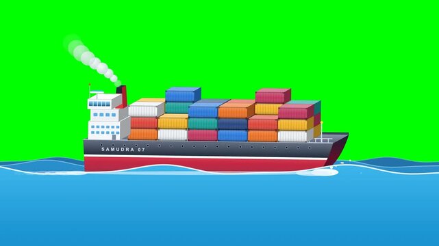 Animated Miniature Cargo Ship Container Vessel Sailing Green Screen Loop   