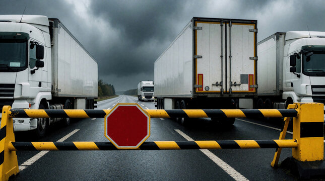 White cargo trucks stop at road checkpoint under heavy grey clouds. Drivers wait behind yellow, black safety barrier on highway. Logistics vehicles face security control, inspection during bad