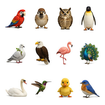Colorful cartoon birds and animals isolated on transparent background