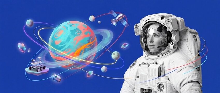 Abstract surreal collage of an astronaut looking at a colorful planet with floating satellites and a space rover
