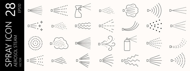 Fototapeta premium Icon aerosol nozzle and mist spray shower with jet steam vector. Water wash background and fragrance sprinkle silhouette with stream cloud perfume. Graffiti mist spray and effect icon logo.