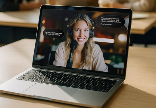 Female Presenter Laptop Mockup PSD Featuring Smiling White Woman Online