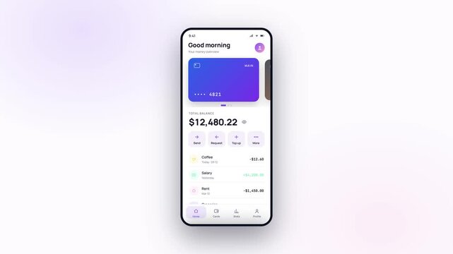 Animated vertical mobile banking UI smartphone template showing debit card switch, touch send money modal popup screen with numeric keypad, cash balance account, and transaction flow