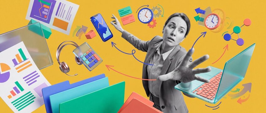 Overwhelmed businesswoman multitasking with flying digital devices and office supplies
