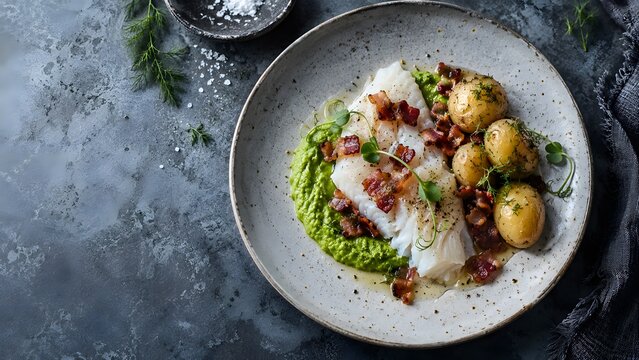 Baked white fish fillet with crispy bacon lardons, gourmet roasted cod with pea puree and baby potatoes, rustic seafood dining photography
