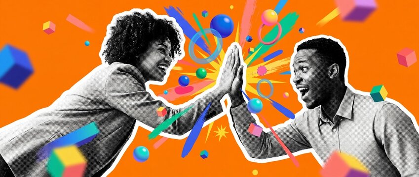 Contemporary collage of two diverse colleagues giving a high five amidst a burst of colorful abstract elements. Concept of successful partnership and teamwork
