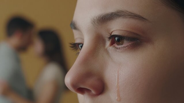 Emotional Close-Up of Woman with Tear and Blurred Couple in Background