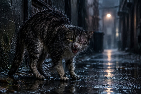 A one-eyed stray cat with arched back growling in a rain-soaked empty alley.