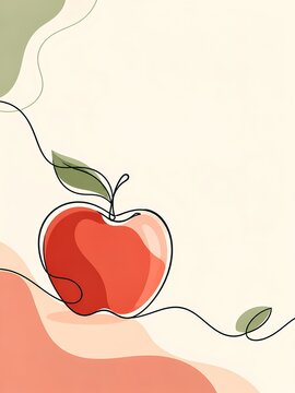 Red Apple Botanical Illustration with Green Leaf on Decorative Background