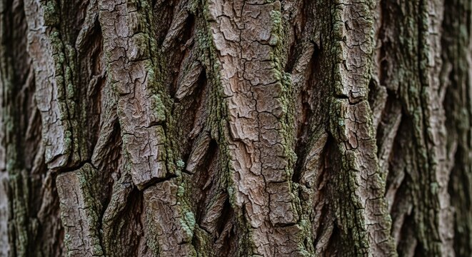 Closeup of rough textured tree bark with deep furrows and natural patterns.
