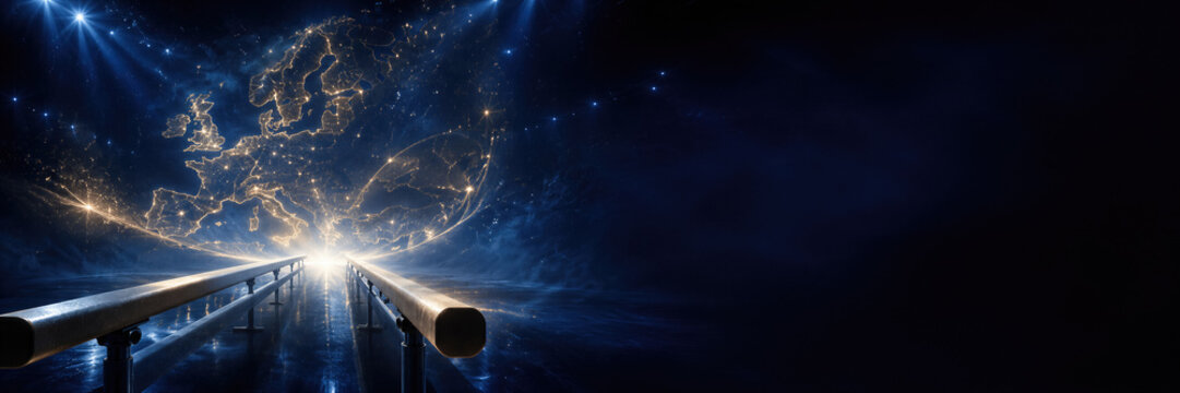 Gymnastic parallel bars in dark arena with glowing Europe map of light. European Artistic Gymnastics Championships concept. Sport competition background with copy space. Banner with copy space