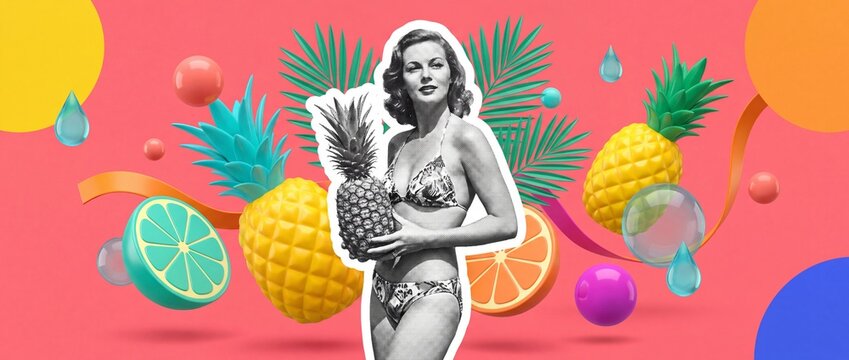 Retro halftone woman in a bikini holding a pineapple surrounded by 3D tropical fruits and leaves on a pink background