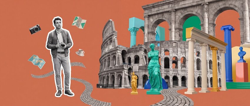 3D collage of a male tourist holding a camera amidst ancient Roman ruins, the Colosseum, and classical statues