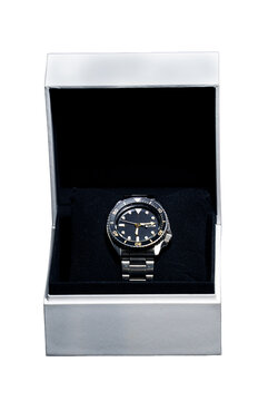 Isolated Luxury Men Diver Watch in Open Gift Box Cutout on White Background