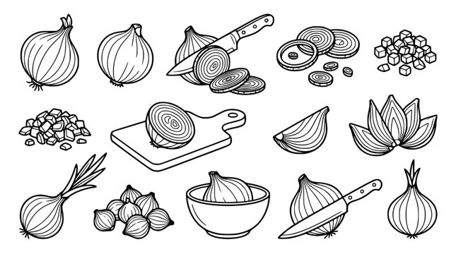 Kitchen cooking preparation and fresh onion line art icon set featuring culinary knives slicing vegetables, wooden cutting boards, chopped pieces, and healthy raw shallots