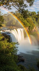Fototapeta premium Stunning Rainbow Over Majestic Waterfall in Lush Green Forest.