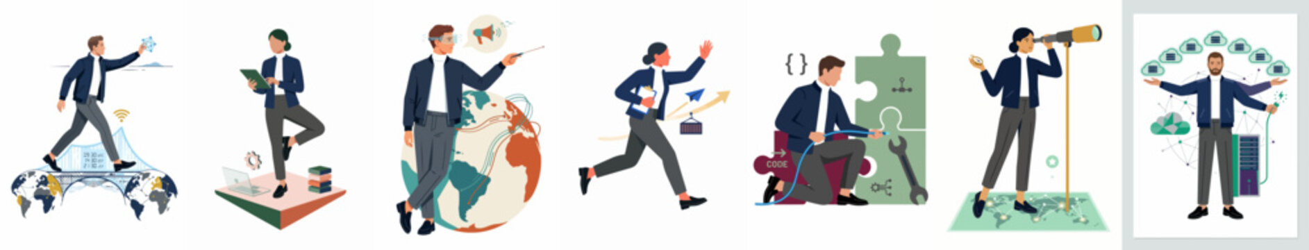 Diverse set of business concept illustrations representing global connection, multitasking, strategic vision, problem solving, and professional growth in a flat vector style.