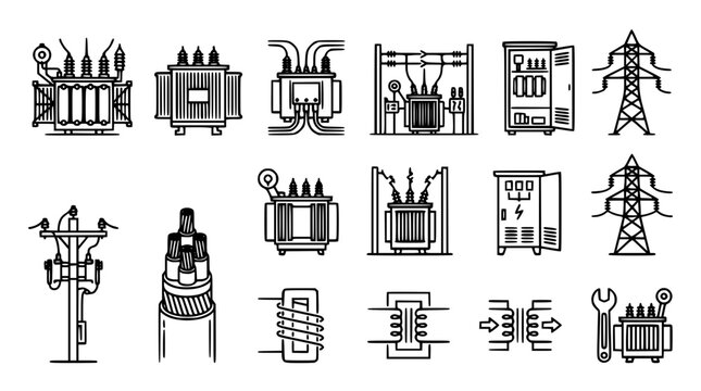 Electrical power transformer and high voltage grid substation line icon set featuring transmission towers, distribution cables, electric cabinets, and maintenance utility symbols