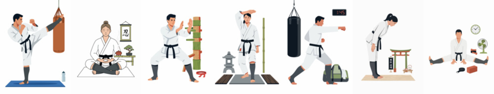 Set of illustrations depicting men and women practicing martial arts, including karate kicks, meditation, bowing, and training with heavy bags and wooden dummies.