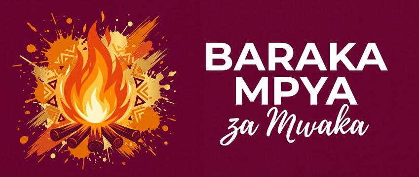 Swahili Happy New Year campfire banner featuring Baraka Mpya za Mwaka calligraphy text for African cultural celebration greeting design with ethnic bonfire illustration and dark burgundy copy space