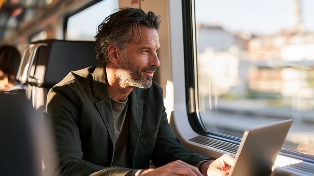 Business professional using public transport while working remotely on laptop during commute