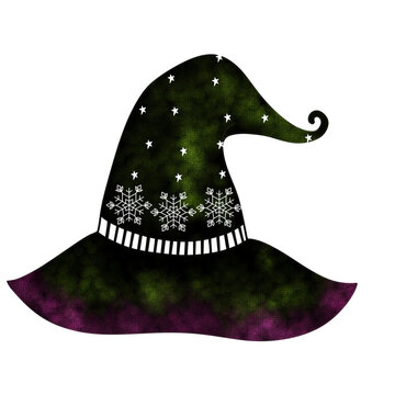 Black witch hat illustration with green and purple watercolor texture, decorated with white stars, snowflakes, and a striped band.