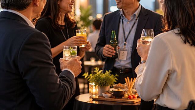 Colleagues gathered at an after-work gathering, one holding a non-alcoholic drink without any fuss or comment. Normalized workplace sobriety concept.