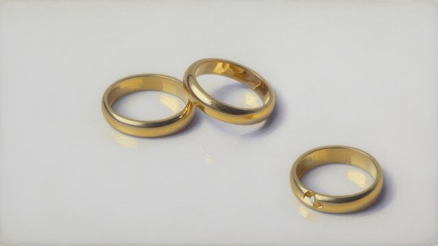 Three Elegant Gold Wedding Rings on a Smooth White Surface