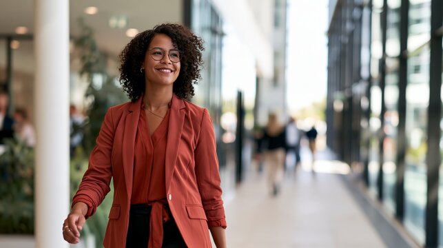 Confident female executive walking through modern office representing leadership success and ambition