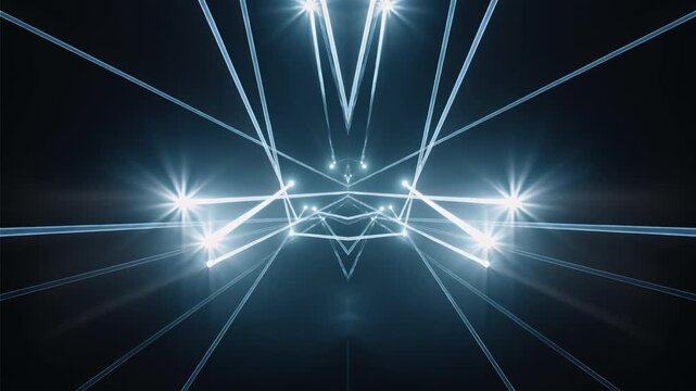 Symmetrical blue laser beams converging over a dark stage, laser show seamless vj loop for concerts and club screens