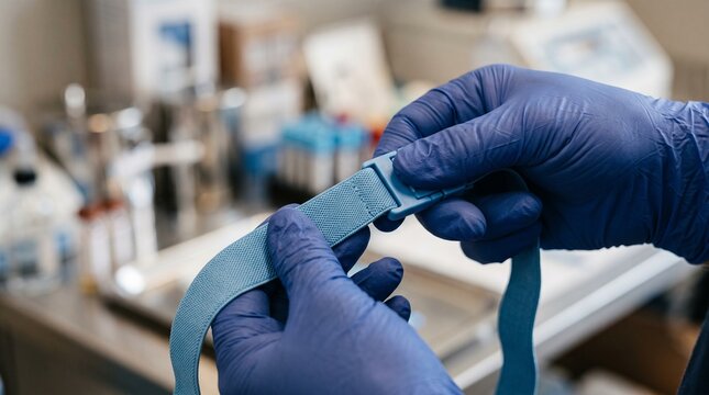 close-up of a phlebotomist's gloved hands holding a disposable medical tourniquet, blue nitrile gloves, sterile blood collection station softly blurred in background