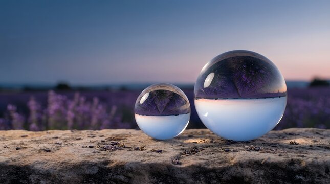 Two clear glass crystal spheres rest on a rough stone ledge in a vast lavender field at dusk, capturing the purple blooms and soft gradient sky in inverted miniature reflections with serene ambient