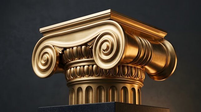 A luxurious and meticulously crafted golden Ionic column capital stands majestically against a dark, dramatic background, bathed in soft, elegant studio lighting, exuding a sense of classical grandeur