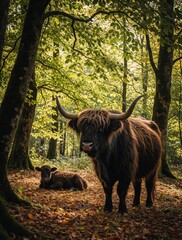 Obraz premium Large black highland cow stands in green forest. Small calf rests on fallen autumn leaves near mother. Wild cattle live in woodland nature. Mammal family stays together under leafy trees in summer