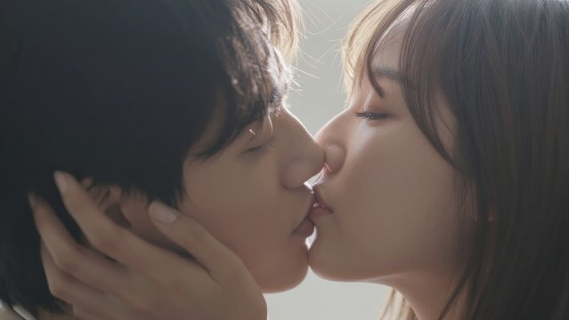 Romantic couple shares intimate kiss in soft natural light
