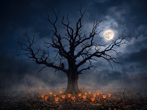 Spooky dead oak silhouetted against moonlit cloudy sky above rows of carved pumpkins