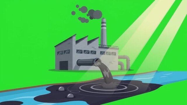 Factory Dumping Waste into River with smooth motion on green screen