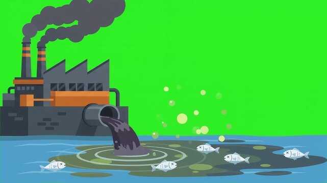 Factory Dumping Waste into River with smooth motion on green screen