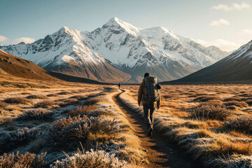 Obraz premium Solo hiker with large backpack walks on dirt path toward snowy mountain range. Adventurer explores wild landscape in autumn. Man treks through dry grass field under bright sky. Scenic trekking route