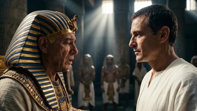 Joseph Meeting Pharaoh Face to Face in the Egyptian Palace After Interpreting His Dreams, Biblical Genesis Scene of Wisdom, Divine Guidance, Leadership, Providence, Favor and Joseph's Rise to Power
