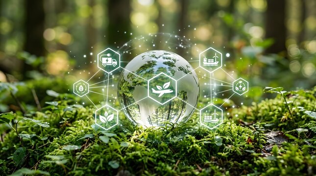 A clear glass globe sits nestled in vibrant green moss within a sun-dappled forest, surrounded by an interconnected network of white digital icons representing environmental sustainability and global
