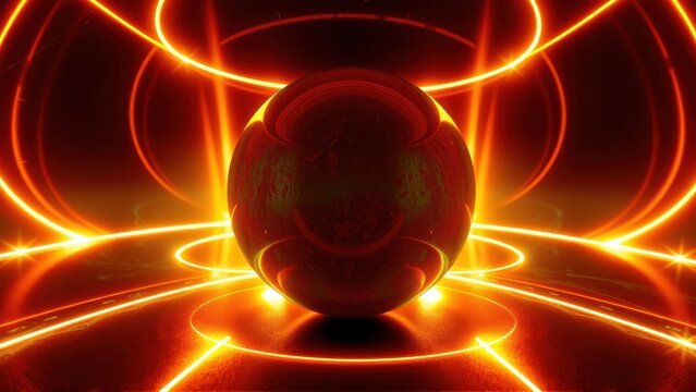 Glowing sphere dominates dark scene. Bright orange lines radiate, creating futuristic energy effect. Dramatic lighting emphasizes central object.
