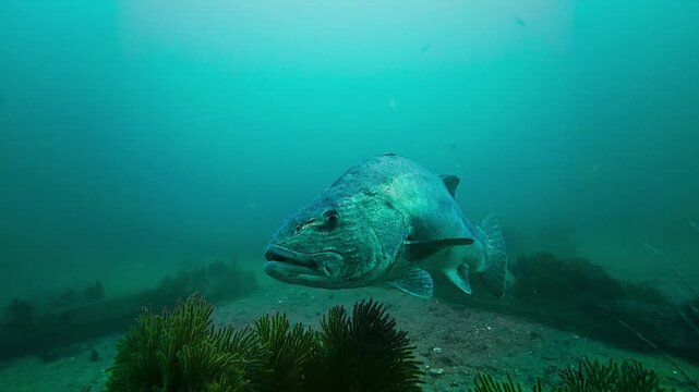Face shot of an spinal injured giant sea bass (Stereolepis gigas). It has a solid black bar on the right side and strange swim motion. It swims to the left into kelp. Filmed in Southern California.